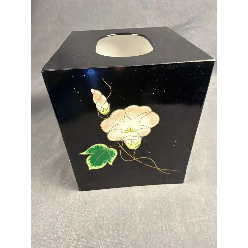 Vintage Andre Richard Black Lacquer Tissue Box Cover - Floral Japan
